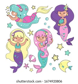 Beautiful vector illustration collection with a little mermaid on a white background for children. Concept summer and friendship. Set for Birthday