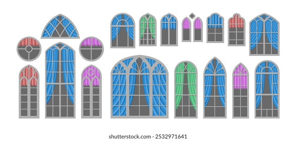 Bela ilustração vetorial com coleção de janelas medievais isoladas no fundo branco