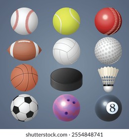 Beautiful vector illustration compilation of sports balls. Baseball football basketball soccer tennis volleyball hockey bowling cricket golf badminton pool. Flat colors neutral background.