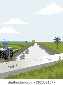 Beautiful vector illustration of a concrete irrigation canal flowing directly into the open sea under a dramatic colorful sky with soft clouds, featuring a unique coastal engineering landscape, clean water channel, peaceful nature scene, picturesque ocean horizon, and vibrant sunset view perfect for background and graphic design projects