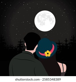 A beautiful vector illustration of a couple embracing under the night sky, gazing at a bright full moon. The serene atmosphere, with twinkling stars and a silhouette of trees in the background.