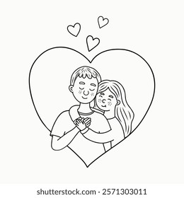 Beautiful vector illustration of a couple in love, perfect for wedding decoration, Valentine's Day and more.Two lovers. A heart-shaped frame.