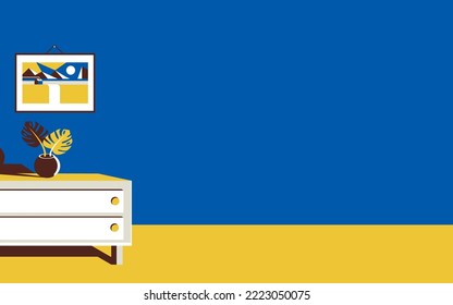 Beautiful vector illustration of a cozy home interior or living room with copy space. A creative room with furnishings in trendy grey, blue and yellow colors.
