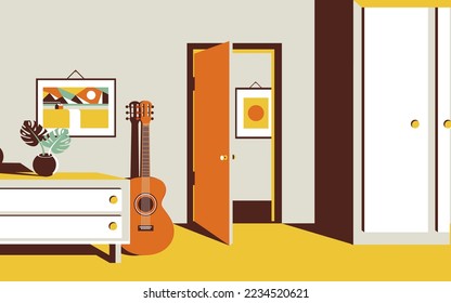 Beautiful vector illustration of a cozy home interior or living room with a guitar. A creative room in trendy greys, mint greens and yellows.