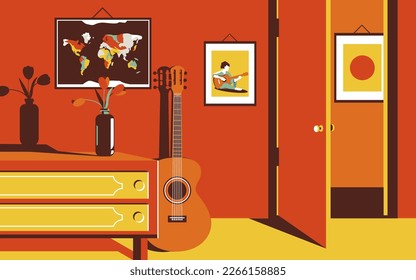 Hermosa ilustración vectorial de un acogedor interior o sala de estar con guitarra. Sala creativa en rojos, naranjas y amarillos de moda.