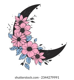 Beautiful vector illustration of Crescent Moon with stars and flower. Magical, mystery concept. Isolated on white clipart, celestial magic crescent moon, space esoteric boho style object.