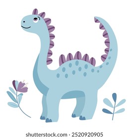 Beautiful vector illustration of a cute blue dinosaur in a flat style. Friendly and playful design is ideal for children's books, t-shirt, nursery decor, greeting cards, party invitations