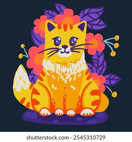 Beautiful vector illustration with cute cartoon cat on the floral background