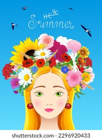 Beautiful vector illustration of a cute green-eyed blonde girl in a lush floral wreath and cherry earrings against the sky with swallows and the inscription Hello summer.