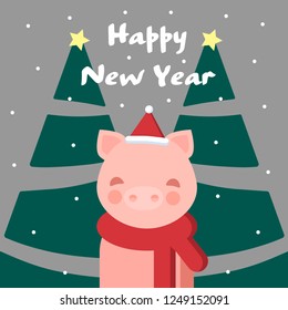 Beautiful vector illustration. Cute pig in a red scarf with green Christmas trees. Happy new year greeting card.