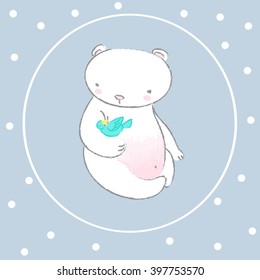 beautiful vector illustration of a cute teddy bear with bird and white dots background