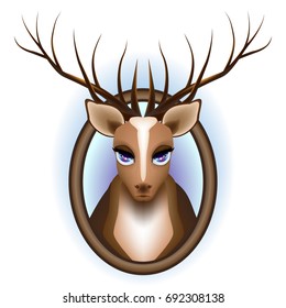 Beautiful vector illustration. Deer with large horns and bright luminous eyes