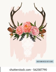 Beautiful vector illustration deer deer skull and  flowers  Hand drawn boho chic style design elements and deer antlers  peonies  leaves  feathers  isolated white background