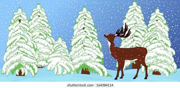Beautiful vector illustration of a deer in the snow covered winter forest. You can use it as a New Year greetings card or an invitation.