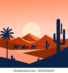 Beautiful vector illustration of a desert landscape at sunset with camels, palm trees, and a full moon. Perfect for travel, adventure, nature, and Middle Eastern themes.
