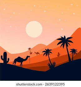 Beautiful vector illustration of a desert landscape at sunset with camels, palm trees, and a full moon. Perfect for travel, adventure, nature, and Middle Eastern themes.