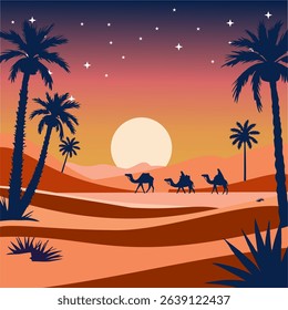 Beautiful vector illustration of a desert landscape at sunset with camels, palm trees, and a full moon. Perfect for travel, adventure, nature, and Middle Eastern themes.