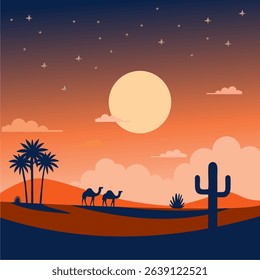 Beautiful vector illustration of a desert landscape at sunset with camels, palm trees, and a full moon. Perfect for travel, adventure, nature, and Middle Eastern themes.