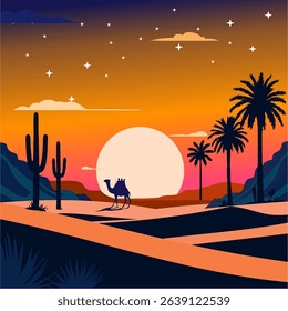 Beautiful vector illustration of a desert landscape at sunset with camels, palm trees, and a full moon. Perfect for travel, adventure, nature, and Middle Eastern themes.