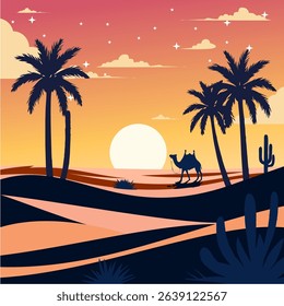 Beautiful vector illustration of a desert landscape at sunset with camels, palm trees, and a full moon. Perfect for travel, adventure, nature, and Middle Eastern themes.
