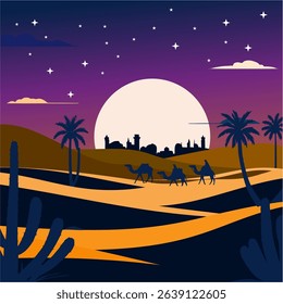 Beautiful vector illustration of a desert landscape at sunset with camels, palm trees, and a full moon. Perfect for travel, adventure, nature, and Middle Eastern themes.