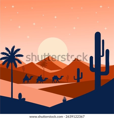 Beautiful vector illustration of a desert landscape at sunset with camels, palm trees, and a full moon. Perfect for travel, adventure, nature, and Middle Eastern themes.