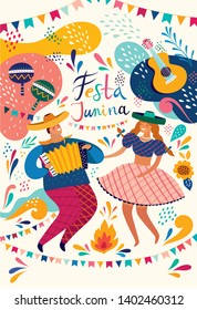 Beautiful vector illustration with design  for Brazil holiday Festa Junina. Vector template with traditional Brazil symbols dancing people, drums,accordion,  corn, Brazil guitar, flowers