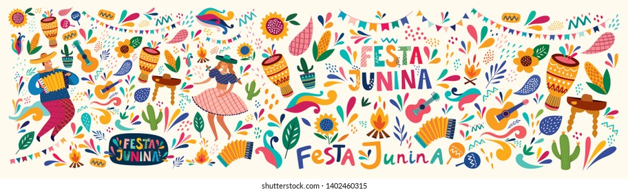 Beautiful vector illustration with design  for Brazil holiday Festa Junina. Vector template with traditional Brazil symbols dancing people, drums,accordion,  corn, Brazil guitar, flowers