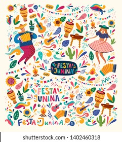 Hermosa ilustración vectorial con diseño para la fiesta brasileña Festa Junina. Plantilla vectorial con símbolos tradicionales de Brasil bailando personas, tambores, acordeón, maíz, guitarra de Brasil, flores