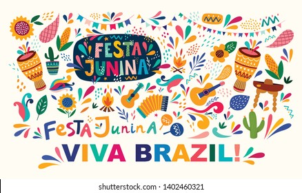 Beautiful vector illustration with design  for Brazil holiday Festa Junina. Vector template with traditional Brazil symbols dancing people, drums,accordion,  corn, Brazil guitar, flowers