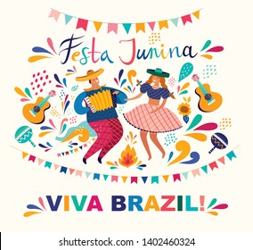 Beautiful vector illustration with design  for Brazil holiday Festa Junina. Vector template with traditional Brazil symbols dancing people, drums,accordion,  corn, Brazil guitar, flowers