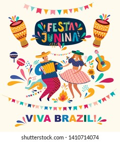 Beautiful vector illustration with design  for Brazil holiday Festa Junina. Vector template with traditional Brazil symbols dancing people, drums,accordion,  corn, Brazil guitar, flowers