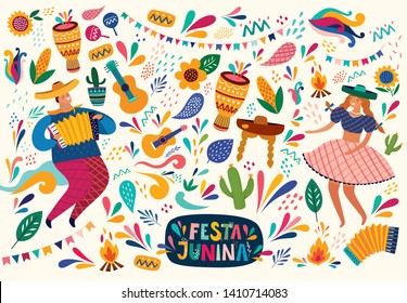 Beautiful vector illustration with design  for Brazil holiday Festa Junina. Vector template with traditional Brazil symbols dancing people, drums,accordion,  corn, Brazil guitar, flowers