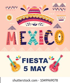 Beautiful vector illustration with design  for Mexican holiday 5 may Cinco De Mayo. Vector template with traditional Mexican symbols: Mexican sombrero, Mexican guitars