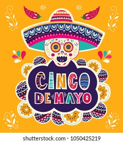 Beautiful vector illustration with design  for Mexican holiday 5 may Cinco De Mayo. Vector template with traditional Mexican symbols skull, Mexican guitar, flowers, red pepper