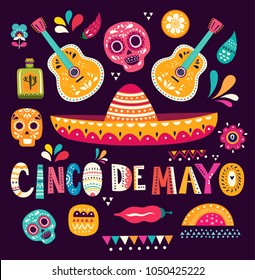 Beautiful vector illustration with design  for Mexican holiday 5 may Cinco De Mayo. Vector template with traditional Mexican symbols skull, Mexican guitar, flowers, red pepper, Mexican sombrero