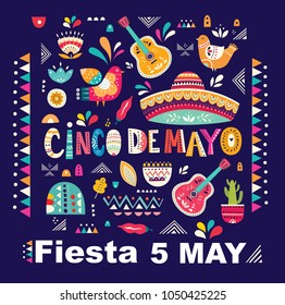 Beautiful vector illustration with design  for Mexican holiday 5 may Cinco De Mayo. Vector template with traditional Mexican symbols: Mexican sombrero, Mexican guitars, folk elements