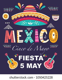 Beautiful vector illustration with design  for Mexican holiday 5 may Cinco De Mayo. Vector template with traditional Mexican symbols: Mexican sombrero, Mexican guitars