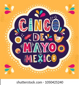 Beautiful vector illustration with design  for Mexican holiday 5 may Cinco De Mayo. Vector template with traditional Mexican symbols