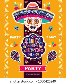 Beautiful vector illustration with design  for Mexican holiday 5 may Cinco De Mayo. Vector template with traditional Mexican symbols skull, Mexican guitar, flowers, red pepper