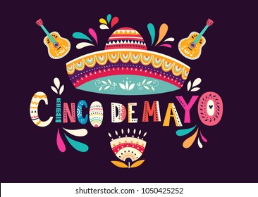 Beautiful vector illustration with design  for Mexican holiday 5 may Cinco De Mayo. Vector template with traditional Mexican symbols skull, Mexican guitar, Mexican sombrero