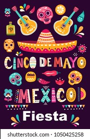 Beautiful vector illustration with design  for Mexican holiday 5 may Cinco De Mayo. Vector template with traditional Mexican symbols skull, Mexican guitar, flowers, red pepper, Mexican sombrero