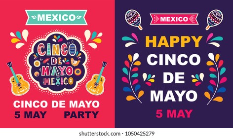 Beautiful vector illustration with design  for Mexican holiday 5 may Cinco De Mayo. Vector template with traditional Mexican symbols Mexican guitar, flowers, red pepper, maracas