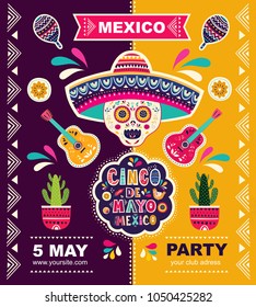 Ilustração vetorial bonita com design para férias mexicanas 5 Maio Cinco De Mayo. Modelo vetorial com símbolos tradicionais mexicanos crânio, flores, pimenta vermelha, maracas