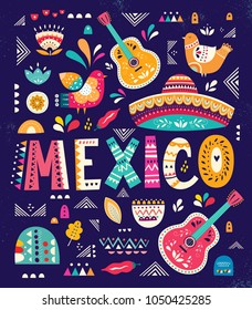 Beautiful vector illustration with design  for Mexican holiday 5 may Cinco De Mayo. Vector template with traditional Mexican symbols: Mexican sombrero, Mexican guitars, folk elements