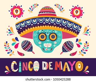 Beautiful vector illustration with design  for Mexican holiday 5 may Cinco De Mayo. Vector template with traditional Mexican symbols skull, Mexican guitar, flowers, red pepper, maracas