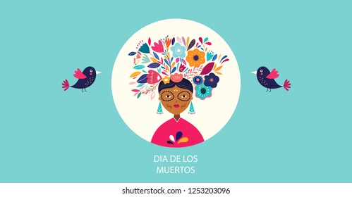 Beautiful vector illustration with design for Mexican holiday Dia De Los Muertros. Vector template with Mexican woman