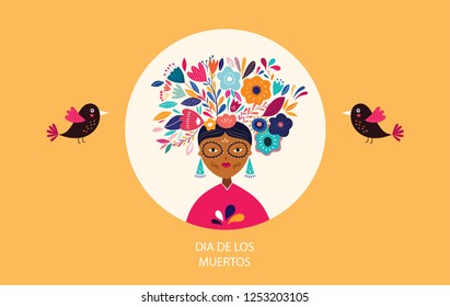 Beautiful vector illustration with design for Mexican holiday Dia De Los Muertros. Vector template with Mexican woman