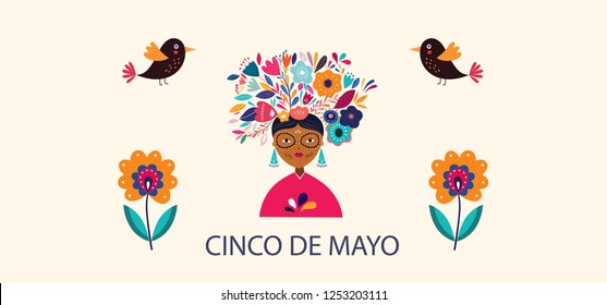 Beautiful vector illustration with design for Mexican holiday 5 may Cinco De Mayo. Vector template with Mexican woman