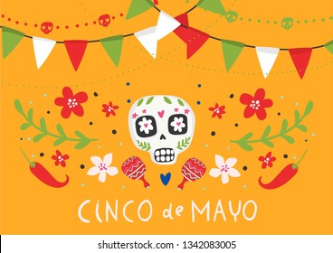 Beautiful vector illustration with design for Mexican holiday 5 may Cinco De Mayo. Fiesta banner and poster design with flags, flowers, decorations